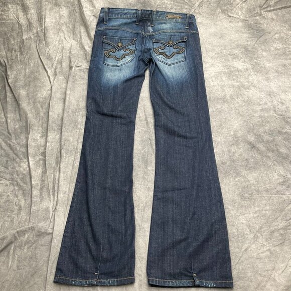 Express ReRock Jean Women 6 Blue Distressed Stitch Pocket Cotton Flap Stretch - Picture 11 of 16